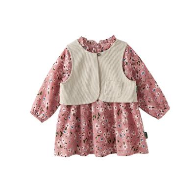 China Autumn Fashion Kids Casual Girls Dresses Knitted Vest Chiffon Dress Child Clothing Set for sale