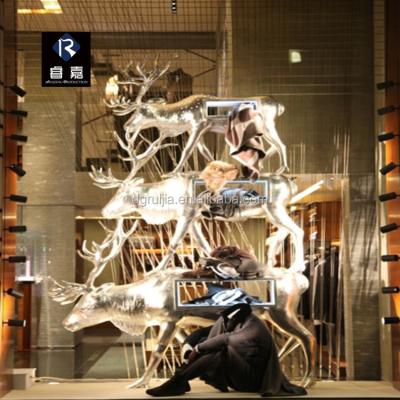 China Europe Fiberglass Deer Sculptures With Led Silver Leaf Lamp For Window Display Drops for sale