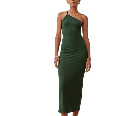 China Factory One Strap Breathable Causal Green Ribbed Dresses With Midi Length Slim Fit for sale