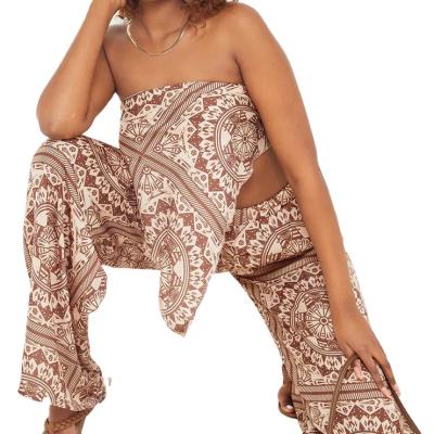 China Breathable Brown Tile Print Tie Back Led Edge Bandeau Top With Long Pants Women Two Piece Set 2021 for sale