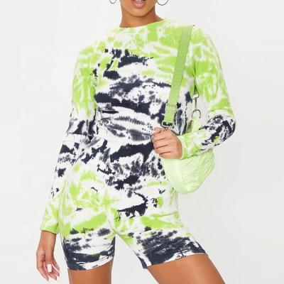 China 2021 sustainable cotton drop tie dye ribbed long sleeve playsuit xs jumpsuits and rompers wholesale women for sale