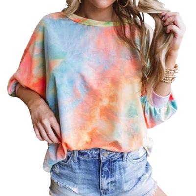 China Breathable Custom Design Brand Tie Dye Printed Plus Size Drop Shoulder Heavy Sleeve Women's T-Shirts for sale