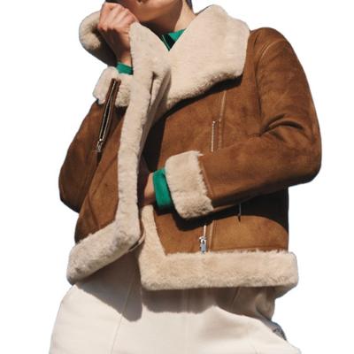 China 2022 Fashions High Quality Soft Breathable Faux Suede Fabric Faux Fur Lining Jacket With Zipper Pocket Casual Aviator Coat For Women for sale