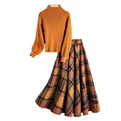 China European Style Fashion Beauty Winter Anti-pilling Loose Long Sleeve Knit Fabric Sweater Diamond Plaid Skirt Ribbed Knitted Two Piece Set for sale