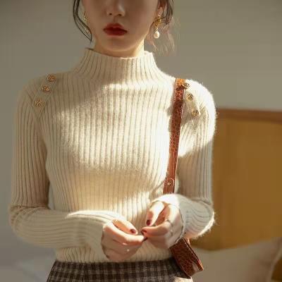 China high quality Anti-wrinkle vintage warm half-threaded button-threaded long sleeve solid color knitted women's pullover sweater for sale