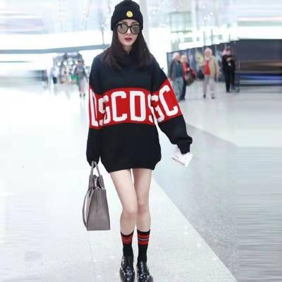 China Customizable Anti-Wrinkle Star The Same Style Fashion O Neck Jacquard Letters Jacquard Letters Women Korean Style Loose Casual Mid Thick Mid Length Knitted Sweater for sale