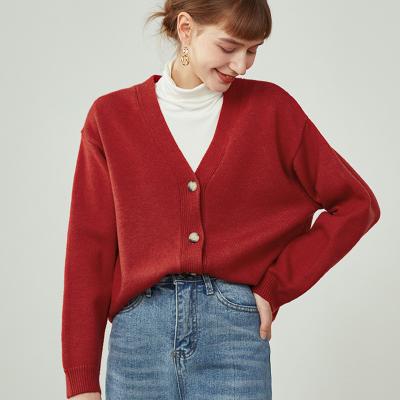 China Wholesale Autumn Elegant V-Neck Anti-Wrinkle Straight Long Sleeve OEM/ODM Casual Loose Knit Women's Cardigan Jacket Coat Red Sweater for sale