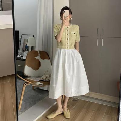 China Summer Women Anti-pilling Casual Loose Fashion Knit Single Breasted Button and Pocket Crewneck Short Sleeve Top and Skirt Set Two Piece for sale