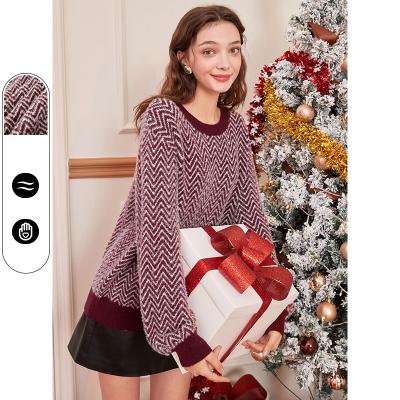 China Anti-wrinkle fall and winter fashion loose casual mink lantern sleeve ribbed striped crewneck sweater knitted women christmas sweater for sale