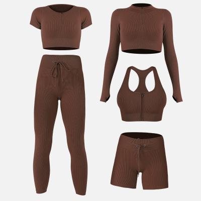 China Breathable Women's Monochrome Clothing Sports Top And Five Piece High Waisted Workout Leggings Yoga Set JIN Fitness Custom for sale