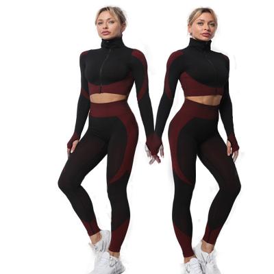 China Breathable Ladies Zip Sports Suit Seamless Long Sleeve Yoga Crop Quick Dry Running Training Suit for sale