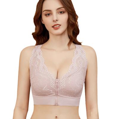 China Amazon QUICK DRY Popular Ladies Sexy Lift Up Front Zip Lace Embroidered Stylish Underwear For Young Girl Plus Size Women Padded Bra for sale