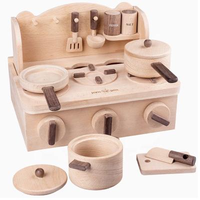 China Simulation of Solid Wood Mini Stove Kitchen Utensils Wooden Material Eco-Friendly Children's Early Education Cooking Toy Set for sale