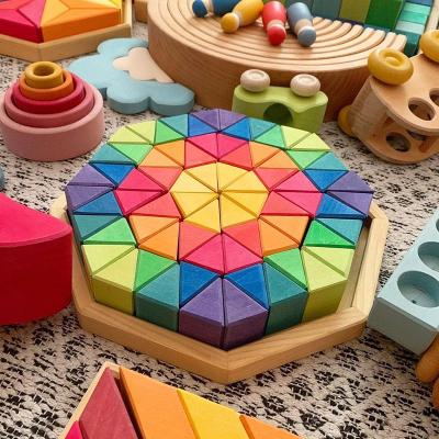 China Creative Eco-friendly Material Wooden Rainbow Spelling Stacker Toys 72pcs Large Particle Triangle Rainbow for sale