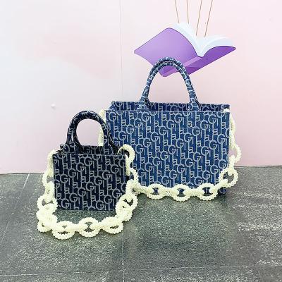 China High Quality Handmade Beaded Chain Messenger Denim Shoulder Bag High Quality Pearl Handbag Blue Ladies Handbags for sale