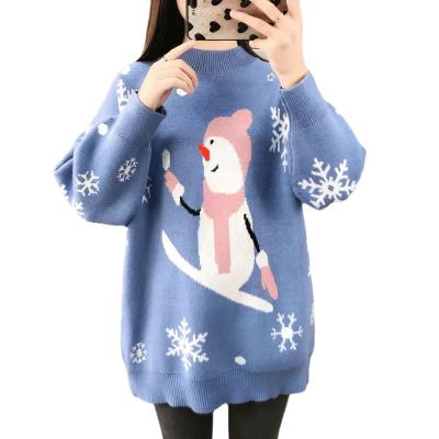 China Anti-Wrinkle Sweater Red Women's Loose Round Neck Snowman Mid Length Women's Red Sweater for sale