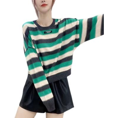 China 2021 Anti-wrinkle round neck sweater long sleeve women striped loose drop women where the main sweater crop 2021 for sale