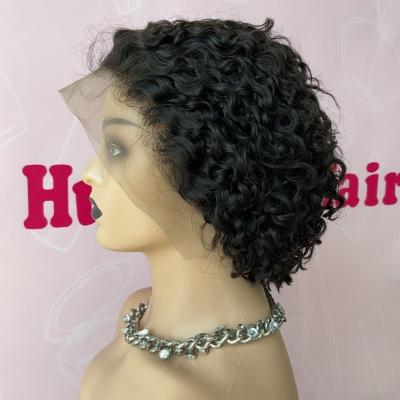 China Handmade Weft Hair Wigs Short Curly Pixie Cut Remy Brazilian Pixie Wigs 6 Inches 13*4 Dangle Wigs Hair For Women for sale