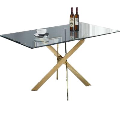 China (Height) Adjustable Gold Chrome Tempered Glass Clear Polished Metal Base Stainless Steel Metal Base Dining Table for sale