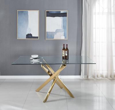 China (Size) Stainless Steel x Gold Tempered Glass Adjustable Leg Frame Transparent Dining Table for sale