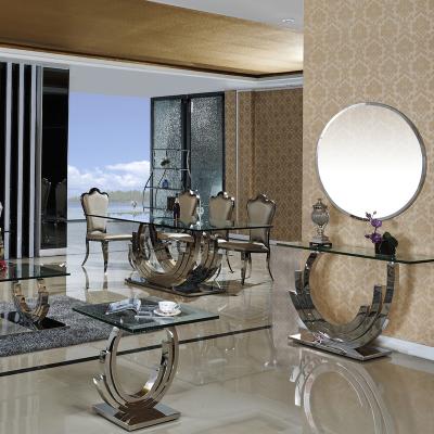 China (Size) Royal Adjustable Stainless Steel Glass Dining Table Set For Sale Luxurious Modern Design Chromed for sale