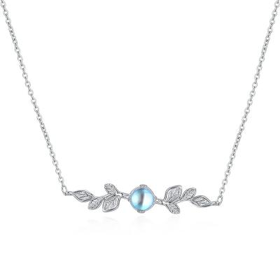 China Europe and America Natural Sky Stone Leaf Starry Necklace for Women S925 Sterling Silver Collar Chain with Moonlight Soft Stone Leaves in a Slot for sale