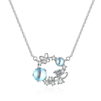 China Europe and America Sterling Silver S925 butterfly necklace for women's luxury chain and small light mob necklace inlaid with starry moonlight stone for sale