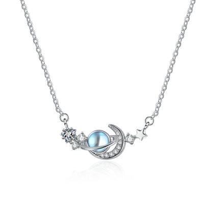 China Europe and America S925 Sterling Silver Star Moon Planet Necklace Moonlight Advanced Sense Female Sky Stone Star Fantasy Chain Bone Lock Stone for sale