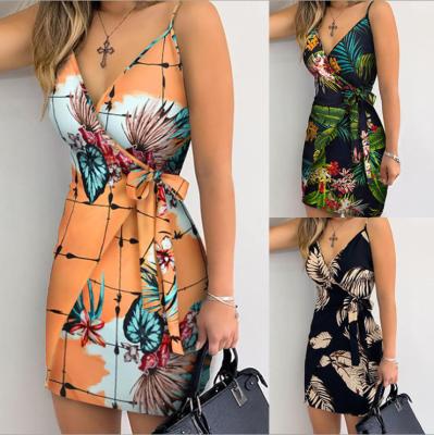 China Summer Vacation 2021 New Arrival Sleeveless Tropical Women's Wrap V-Neck Printing Anti-static Casual Dress Mini Dress for sale