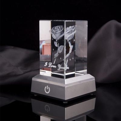 China Europe Custom Design Glass Laser Engraved 3D Crystal Cube With Led Light Base for sale