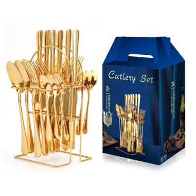 China Disposable Jieyang Metal Gold and Silver Spoons Set 24 pcs Stainless Home Steel Cutlery Silverware with Rack Stand for sale