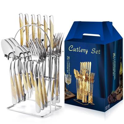 China Disposable Stainless Steel Part Gold Handle Cutlery Middle East Arabic Metal Silverware Set 24pcs Flatware Spoon Set for sale