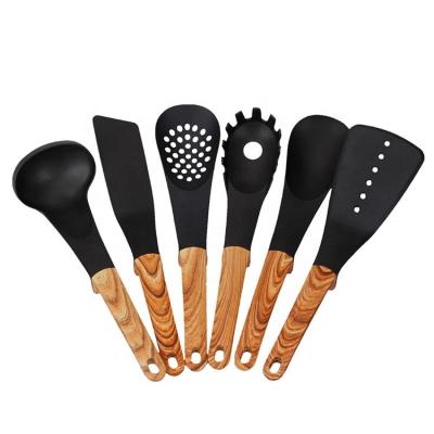 China 6pcs Kitchen Sustainable High Quality Nylon Stick Cookware Unset With Wooden Pattern Handle for sale