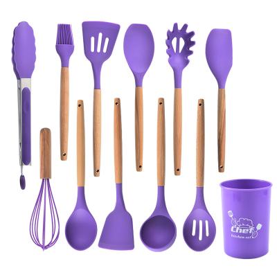 China Kitchenware Tools Hot Selling Nonstick Pan 12 Pieces Silicone Colorful Kitchen Utensil Set With Natural Wooden Handles for sale