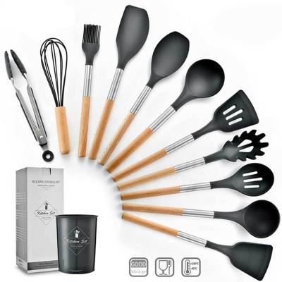 China Sustainable High Quality 12 PCS Silicone Kitchen Utensil Cooking Tool Kit with Combo Handle and Rack for sale