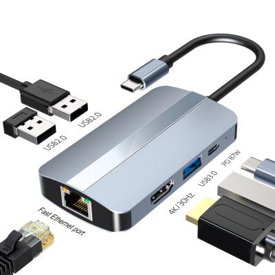 China Type-C Enabled Devices 6 In 1 PD 87W 4K HD RJ45 100 Port Usbc 2.0 3.0 6in1 USB-C Laptop Usb3.0 OTG Adapter PC Type-C Type C Docking Station Usb Hub for sale