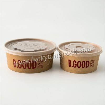 China Luckytime Disposable Custom Printed Kraft Paper Bowl For Noodles Take Out Food With Plastic Lid for sale