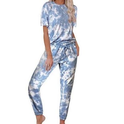 China 2 Pieces Breathable Women Set Sleepwear Tie Dyeing Cotton T-Shirt And Pants for sale