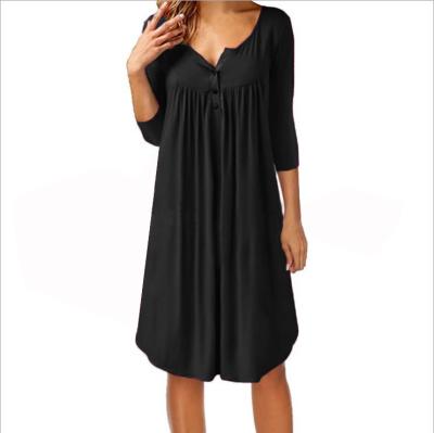 China Factory Direct Anti-Wrinkle V-Neck Button Long Sleeve Pleated Casual Loose Dress for sale