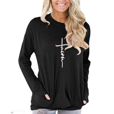 China Anti-pilling Women's Casual T-shirt Long Sleeve Faith Printed Around The Neck Sweatshirt T-shirts Tops Blouse With Pocket for sale