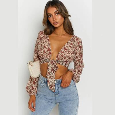 China Wholesale Fashion Women's Anti-pilling Crop Top Long Sleeve Floral Printed Sexy Blouses for sale