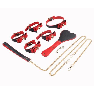 China Double Color Gear Bowknot Pu Bondage Gear  Set 5pcs with Bag Handcuffs Bondage Kits Sex Toy Adult for sale