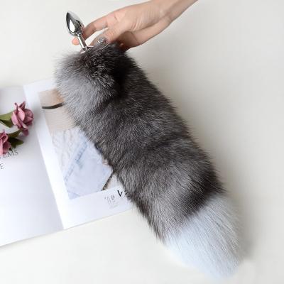 China New Stainless Steel Metal Real Fur Fox Dog Tail Anal Plug Butt Plug Flirt Anus Plug For Women Adult Games Product for sale