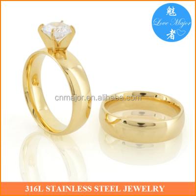 China Saudi Arabia Gold Stainless Steel Couples Wedding Ring With Stainless Steel Zircon Rings MJJBR-047 for sale