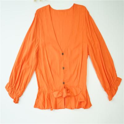 China Factory Outlet Breathable Blouse Lantern Sleeve Orange V-Neck Shirt For Women for sale