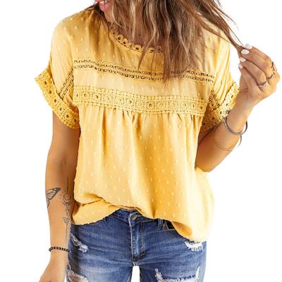 China Breathable Customizable Round Neck 100% Polyester Summer Sweater Lace Patchwork Loose Top For Women for sale