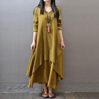 China 2022 Spring New Breathable Literary Two-piece Long Skirt Big Swing Loose Long-sleeved Dress for sale