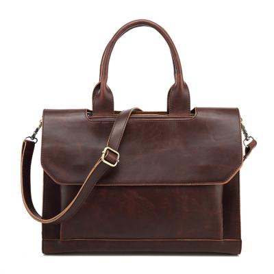 China Best Durable Mens 15.6 Brown Crazy Horse Leather Old Retro Shoulder Laptop Bag Custom for sale