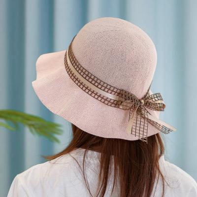 China Straw Sun Hat Lady Girls Summer Lace Ribbon Bow Panma Beach Hat Checked Soft Fold for sale