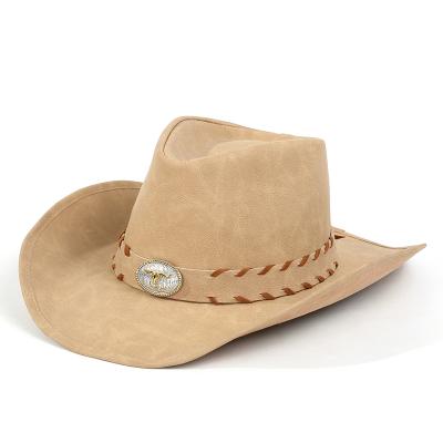 China High Quality Unisex Beauty Cowhide Hats Overflow Western Cowboy Jazz Hat Cap With Strap Metal Bull Head for sale